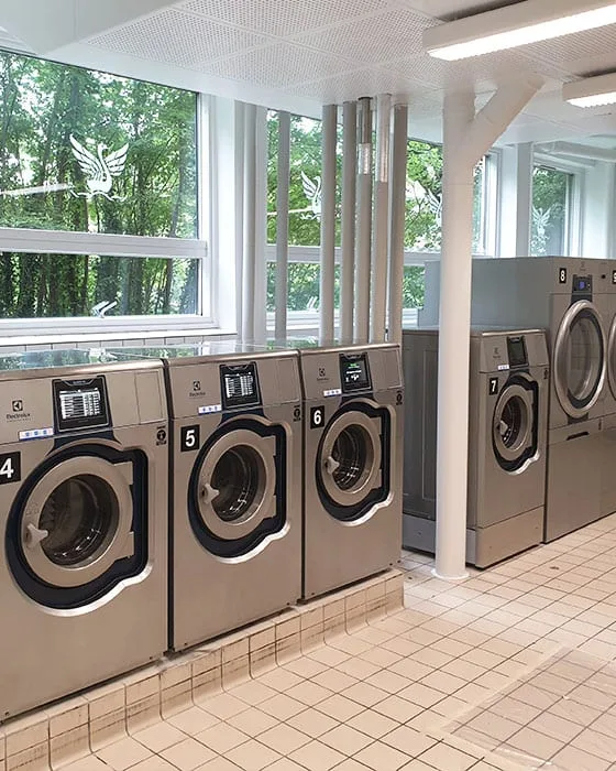 Numbered Electrolux washers along a window wall in a resident laundry room